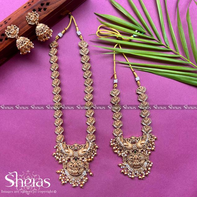 Antique Haram and Short Necklace Temple Jewellery Set