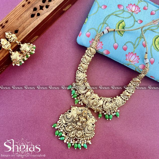 Gold Temple Jewellery Set with Green Beads and Goddess Pendant