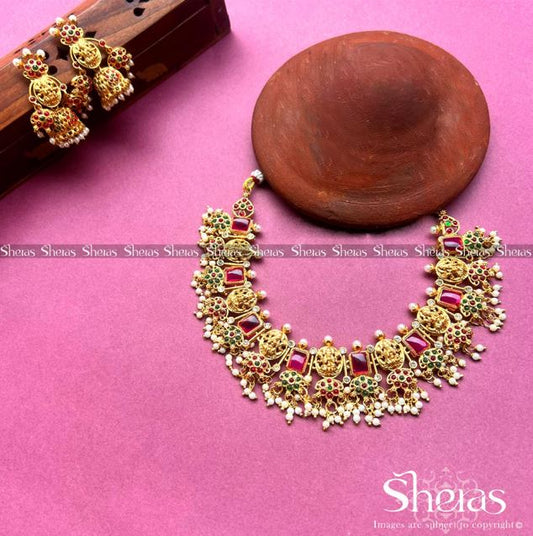 Lakshmi Temple Necklace Set with Kemp Stone
