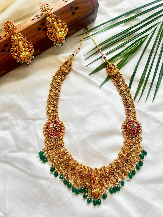 Temple Jewellery Set with Goddess Lakshmi Motif and Emerald Beads