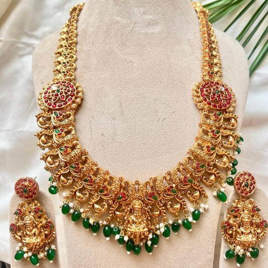 Temple Jewellery Set with Goddess Lakshmi Motif and Emerald Beads