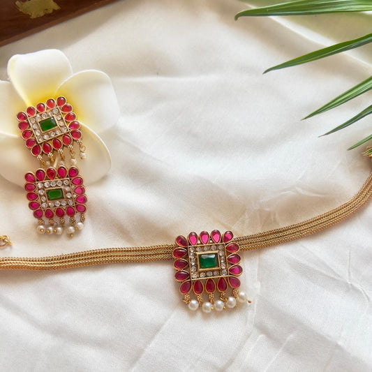 Kundan and Ruby Choker Set with Pearl Drops